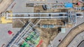 Aerial top view natural gas pipeline, gas industry, gas transport system, stop valves and appliances for gas pumping station Royalty Free Stock Photo