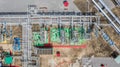 Aerial top view natural gas pipeline, gas industry, gas transport system, stop valves and appliances for gas pumping station Royalty Free Stock Photo