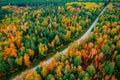 Aerial top view Nature autumn road in yellow forest, concept of trip by red car Royalty Free Stock Photo
