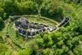 Aerial top view of Nevitsky Castle ruins near Nevitske village, Zakarpattia, Ukraine