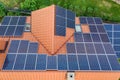 Aerial top view of new modern residential house cottage with blue shiny solar photo voltaic panels system on roof. Renewable Royalty Free Stock Photo