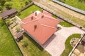 Aerial top view of new residential house cottage with shingle roof on fenced big yard on sunny day Royalty Free Stock Photo