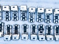 Aerial top view of new truck cars parking for sale stock lot row, dealer inventory import and export business commercial, Automobi Royalty Free Stock Photo