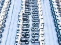 Aerial top view of new truck cars parking for sale stock lot row, dealer inventory import and export business commercial, Automobi Royalty Free Stock Photo