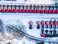 Aerial top view of new truck cars parking for sale stock lot row, dealer inventory import and export business commercial, Automobi Royalty Free Stock Photo