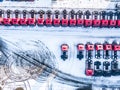 Aerial top view of new truck cars parking for sale stock lot row, dealer inventory import and export business commercial, Automobi Royalty Free Stock Photo