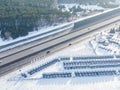 Aerial top view of new truck cars parking for sale stock lot row, dealer inventory import and export business commercial, Automobi Royalty Free Stock Photo