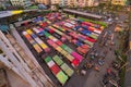 Aerial top view of Night Market people walking street, Colorful tents in the train of Ratchada at Bangkok city, Thailand. Rerail