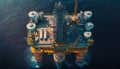 Aerial top view of offshore factory station, oil platform extract and process petroleum and natural gas at ocean beneath seabed,