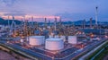 Aerial top view oil and gas chemical tank with oil refinery plan