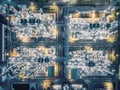 Aerial top view Oil refinery at night .