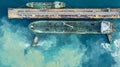 Aerial top view oil tanker ship at terminal industrial port tugboat drag crude oil tanker ship park to port for transfer crude oil Royalty Free Stock Photo