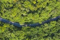 Aerial top view over mountain rural road in tropical rainforest with green tree Royalty Free Stock Photo