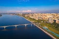 Aerial top view panorama city Perm and central embankment of Kama river Russia, sunset drone photo