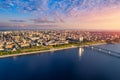 Aerial top view panorama city Perm and central embankment of Kama river Russia, sunset drone photo