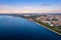 Aerial top view panorama city Perm and Kama river Russia, sunset drone photo