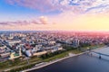 Aerial top view panorama city Perm and Kama river Russia, sunset drone photo