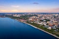 Aerial top view panorama city Perm and Kama river Russia, sunset drone photo