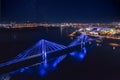 Aerial top view panorema city Krasnoyarsk bridge through Yenisei river evening with neon light Royalty Free Stock Photo