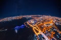 Aerial top view panorema city Krasnoyarsk bridge through Yenisei river evening with neon light Royalty Free Stock Photo