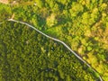 Aerial top view of path way road with lush green trees from above in tropical forest in national park and mountain or hill in Royalty Free Stock Photo