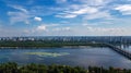 Aerial top view of Paton bridge and Dnieper river from above, city of Kiev, Kyiv cityscape skyline, Ukraine