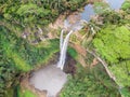 Aerial top view perspective of Chamarel Waterfall in the tropical island jungle of Mauritius.