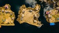 Aerial top view photo of floating islands on Lake Titicaca in Peru