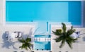 Aerial top view of pool with blue water and palm trees in luxurious villa Royalty Free Stock Photo