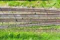 Aerial top view railroad tracks rails and sleepers, several tracks and semaphores Royalty Free Stock Photo