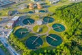 Aerial view recirculation sedimentation tank, water treatment plant for big city from water management