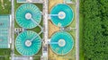 Aerial top view recirculation solid contact clarifier sedimentation tank, Water treatment plant. Royalty Free Stock Photo