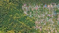 Aerial top view of residential area summer houses in forest from above, countryside real estate and dacha village in Ukraine