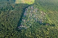 Aerial top view of residential area summer houses in forest from above, countryside real estate and dacha village in Ukraine Royalty Free Stock Photo