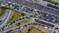 Aerial top view of road junction from above, automobile traffic and jam of cars, transportation concept Royalty Free Stock Photo