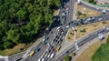 Aerial top view of road junction from above, automobile traffic and jam of cars, transportation concept Royalty Free Stock Photo