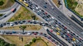 Aerial top view of road junction from above, automobile traffic and jam of cars, transportation concept Royalty Free Stock Photo