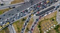 Aerial top view of road junction from above, automobile traffic and jam of many cars, transportation concept Royalty Free Stock Photo