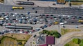 Aerial top view of road junction from above, automobile traffic and jam of many cars, transportation concept Royalty Free Stock Photo