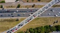 Aerial top view of road junction from above, automobile traffic and jam of many cars, transportation concept Royalty Free Stock Photo