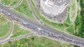 Aerial top view of road junction from above, automobile traffic and jam of many cars, transportation concept, Kiev city skyline Royalty Free Stock Photo