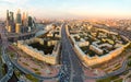 Aerial top view of road junction in Moscow from above, automobile traffic and jam of many cars, transportation concept