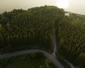 An aerial top view of the road in Pine trees Forest with Sunset scene. Royalty Free Stock Photo