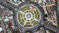 Aerial top view road roundabout with car lots in Bangkok City, Thailand, Circle Road traffic transport junction traffic road with