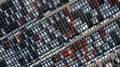 Aerial top view rows of new cars parked in distribution center on car factory, Automobile and automotive car parking lot for Royalty Free Stock Photo