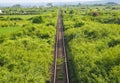 Aerial top view of the rusty rails crossing the green field in a summer day. Aerial view of railway track through countryside,