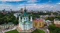 Aerial top view of Saint Andrew`s church and Andreevska street from above, Podol, city of Kiev Kyiv, Ukraine