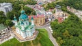 Aerial top view of Saint Andrew`s church and Andreevska street from above, Podol, city of Kiev Kyiv, Ukraine