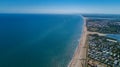 Aerial top view of sandy beach of Mediterranean sea from above, vacation and holiday resort Royalty Free Stock Photo