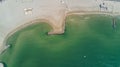 Aerial top view of sandy beach of Mediterranean sea from above, vacation and holiday resort Royalty Free Stock Photo